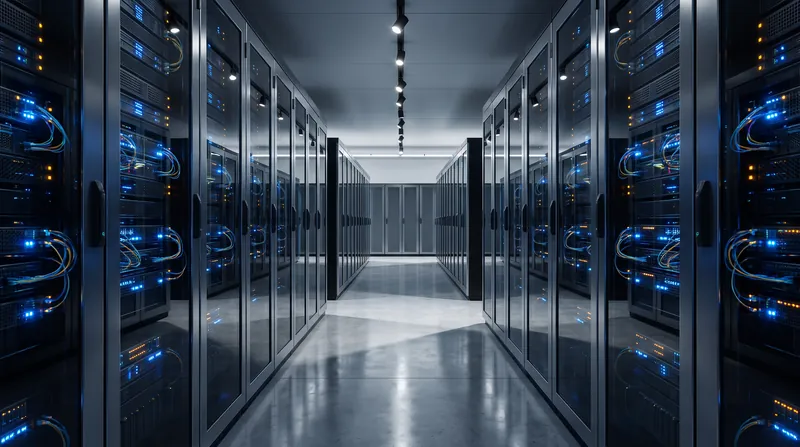 A brightly lit aisle of modern data center server racks with glowing blue and amber indicator lights.