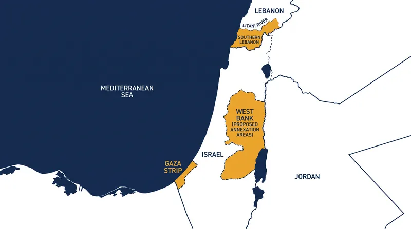 Smotrich's proposed territorial annexations include parts of the Gaza Strip and southern Lebanon.