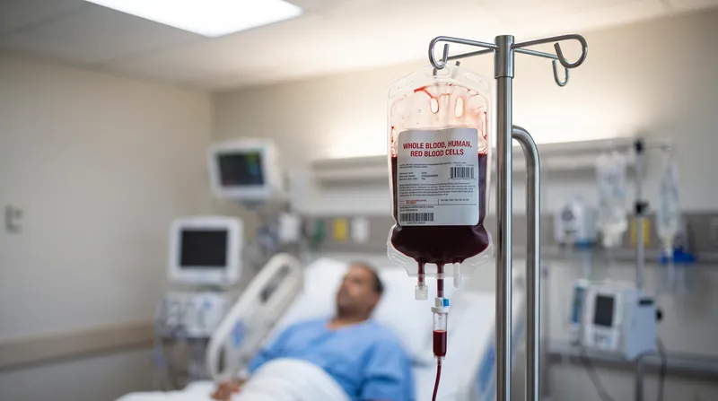 An intravenous blood bag hanging on a metal stand in a hospital room.