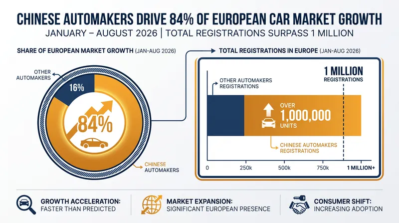 Chinese manufacturers accounted for 84% of the net growth in European passenger car registrations in the first eight months of 2026.
