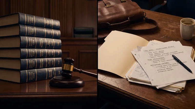 A split composition showing a stack of legal codes and a gavel next to an open prosecutor's dossier.