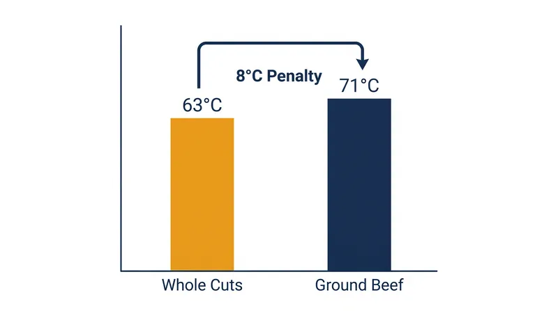 The exact temperature difference required to neutralize internalized pathogens in ground beef.