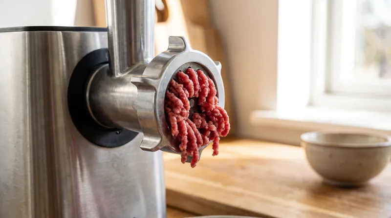 Fresh raw ground beef being extruded from a stainless steel meat grinder onto a kitchen counter.