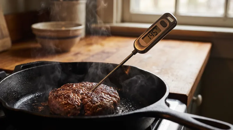 A food thermometer inserted sideways into the center of a patty is the only reliable way to verify a 71°C (160°F) internal temperature.