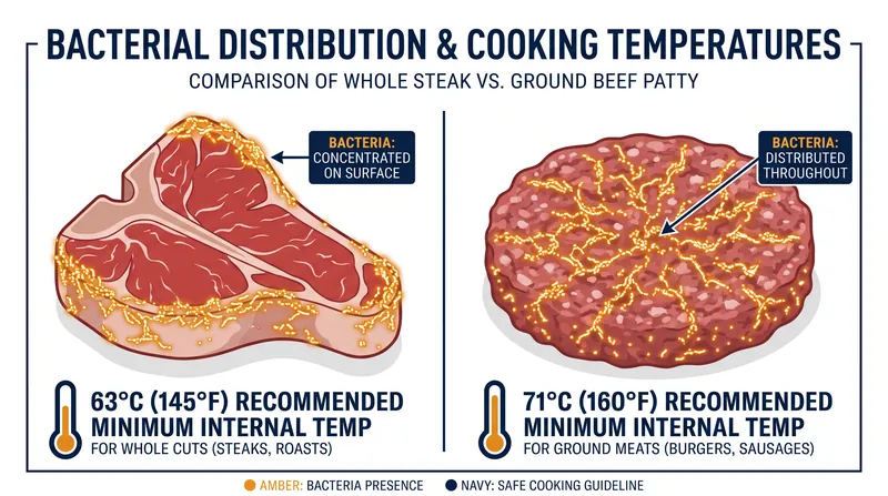 Grinding meat translocates surface bacteria into the sterile interior, requiring an 8°C higher cooking temperature.