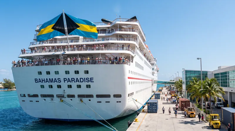 The stern of a large cruise ship docked at a port, flying the flag of the Bahamas.