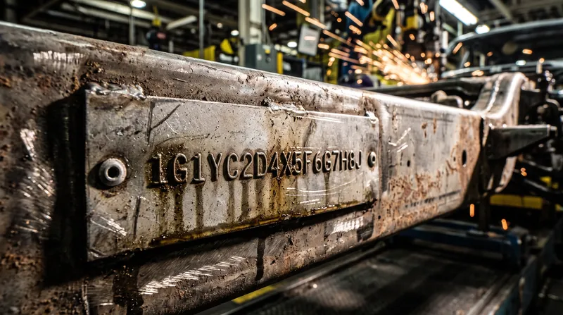 A close-up view of a 17-character Vehicle Identification Number stamped into the metal chassis of a car.