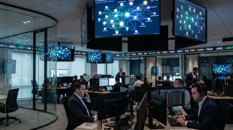 A modern financial trading floor with digital displays showing blockchain network nodes and stablecoin ticker symbols.