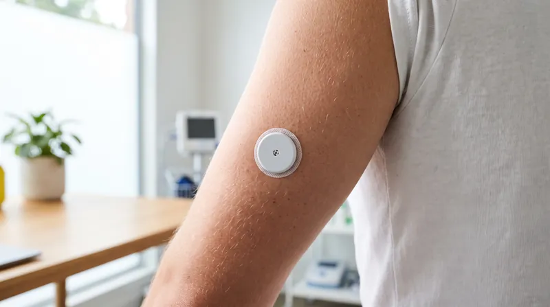 A close-up view of a white circular continuous glucose monitor sensor attached to a person's upper arm.