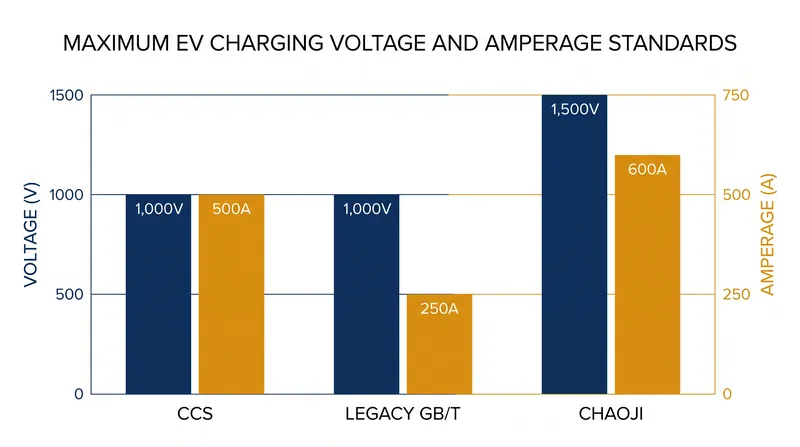 Maximum voltage and amperage limits for CCS, legacy GB/T, and ChaoJi connectors.