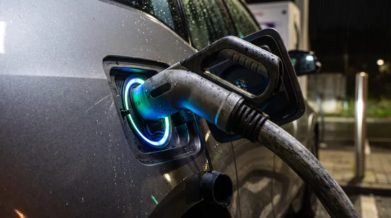A close-up view of a heavy-duty direct current fast charging connector plugged into an electric vehicle.