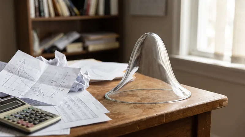 A pristine glass bell curve sitting on a wooden desk next to scattered raw data charts.