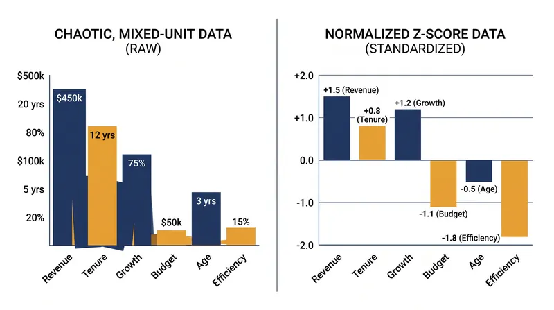 How standardization aligns metrics with entirely different original units.