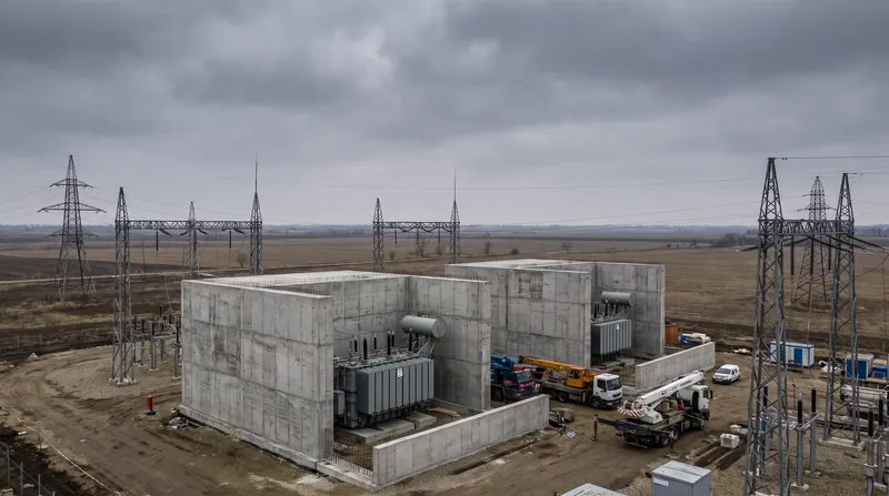 A large electrical substation where the central transformers are surrounded by thick, newly constructed concrete bunker walls.