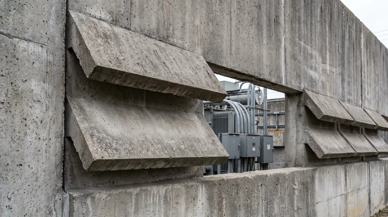 The concrete structures utilize staggered baffling to allow necessary thermal venting for the transformers while blocking drone dive trajectories.