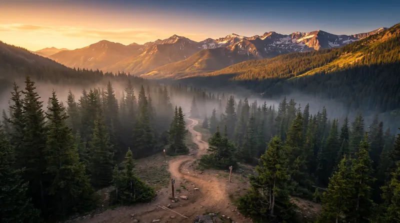 A wide view of a vast, forested mountain valley with a small dirt hiking trail winding through the foreground.