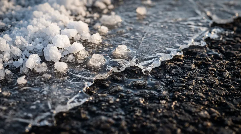 Close-up view of coarse salt crystals melting into a thin layer of ice on a dark surface.