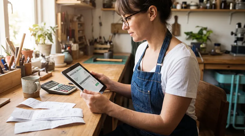 A small business owner reviewing digital invoices on a tablet with physical receipts on a desk.
