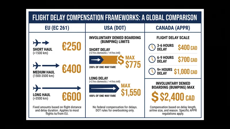 Maximum statutory compensation limits across the three major Western aviation markets.