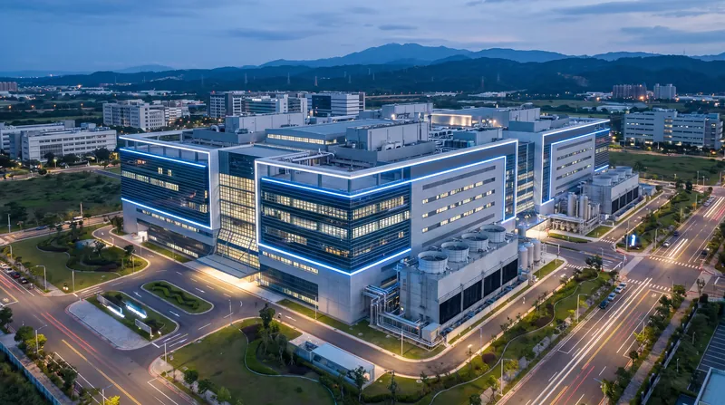 A large, modern semiconductor manufacturing plant illuminated at dusk in a sprawling industrial science park.