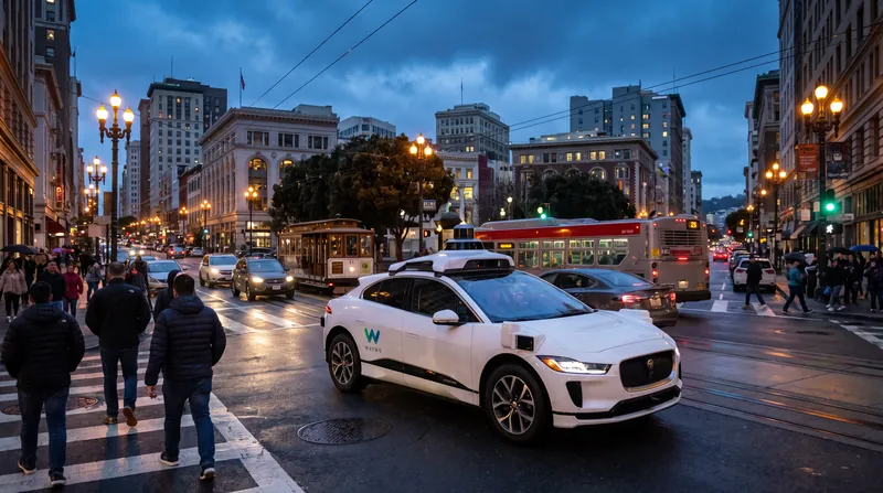 A white Waymo autonomous vehicle with roof sensors driving through a city intersection.