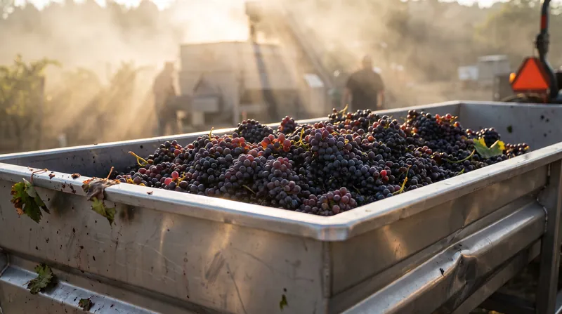 Freshly harvested wine grapes resting in a sorting bin with a faint haze of smoke in the background.