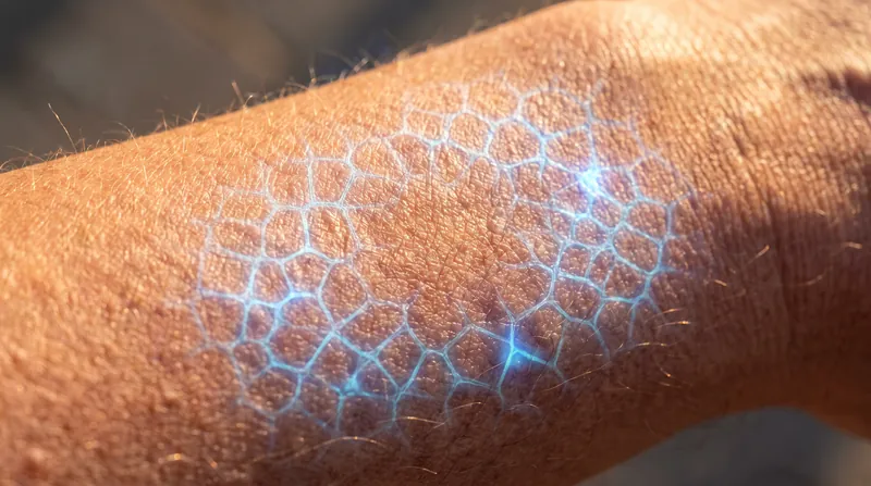 Close up view of human skin illuminated by bright, direct sunlight against a dark background.