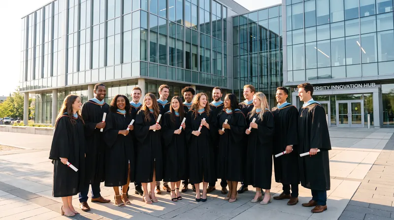 A diverse group of university graduates in academic dress standing in front of a modern institutional building.