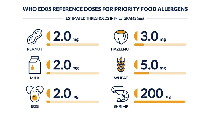 The World Health Organization's ED05 reference doses establish the exact milligram amount of protein that triggers a mild reaction in 5% of the allergic population.