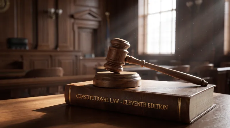 A wooden judge's gavel resting on top of a thick legal textbook in a courtroom setting.
