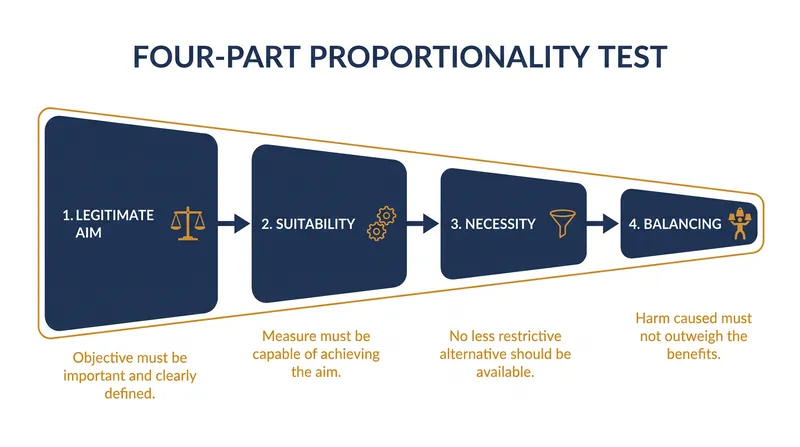 The sequential four-prong framework applied by constitutional courts during judicial review.