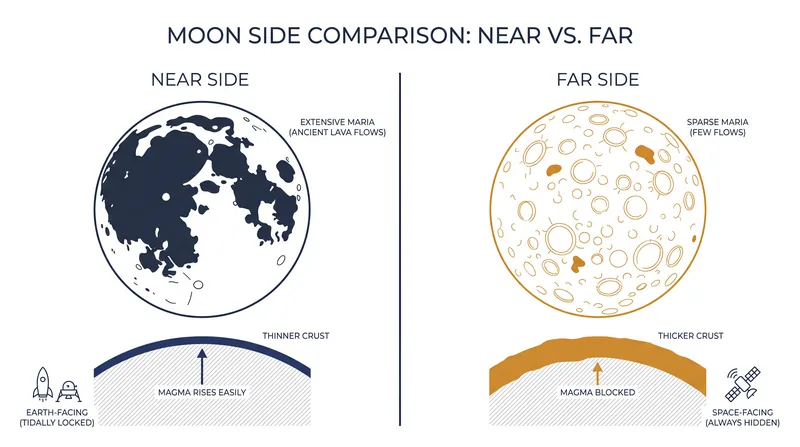 The moon's far side features a thicker crust and older geological record compared to the near side.