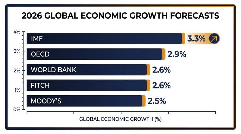 Late-2026 global growth projections reveal a nearly one-percentage-point gap between the IMF and credit rating agencies.