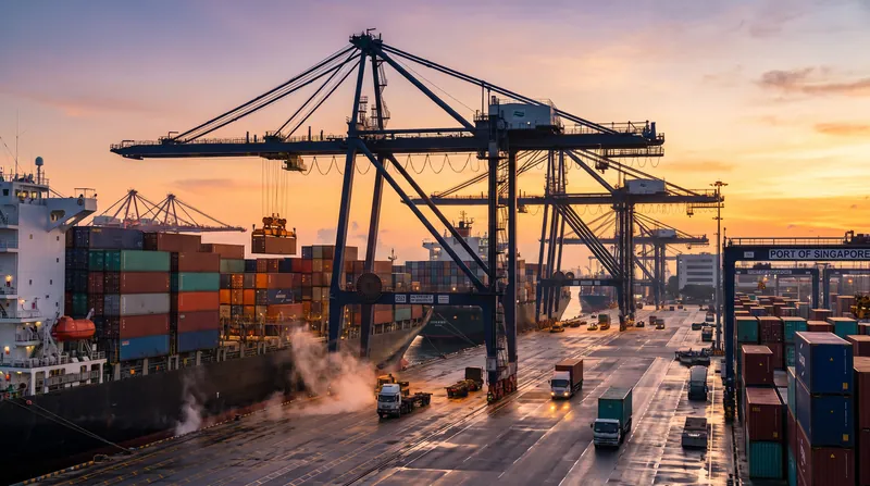 A bustling international shipping port at dawn with automated cranes loading cargo ships.