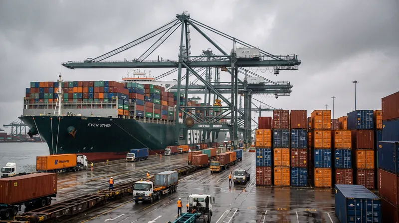 A massive cargo ship docked at a port terminal with rows of colorful shipping containers being unloaded by steel cranes under an overcast sky.