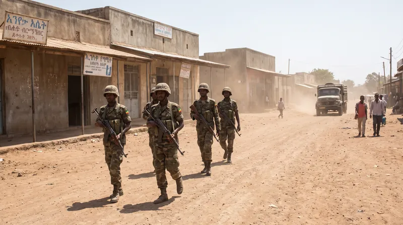 Ethiopian federal soldiers in camouflage uniforms patrol a dusty street in a regional town.