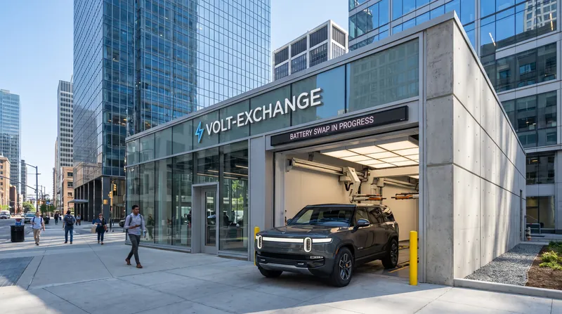 An electric vehicle pulls into a brightly lit, modern battery swap station bay in an urban setting.