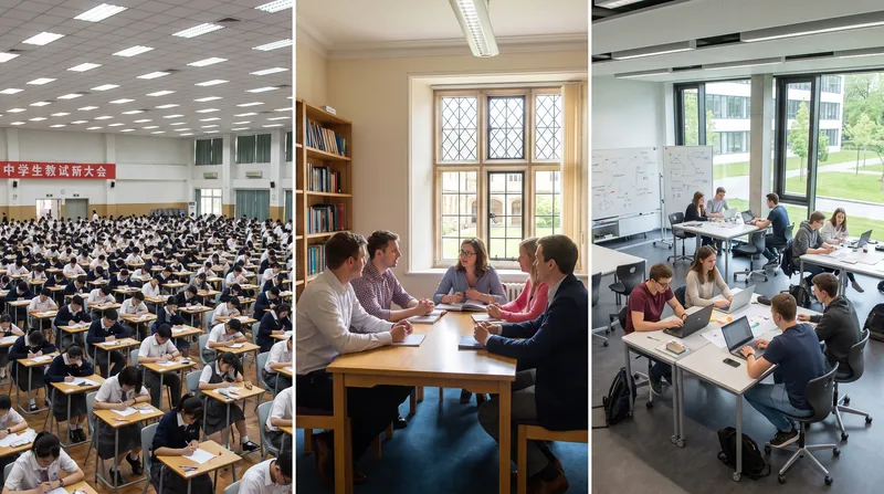 Split view of a large Chinese examination hall, a UK seminar room, and a German classroom.