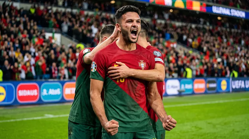 Gonçalo Ramos of Portugal celebrates on the pitch after scoring a goal against Norway.