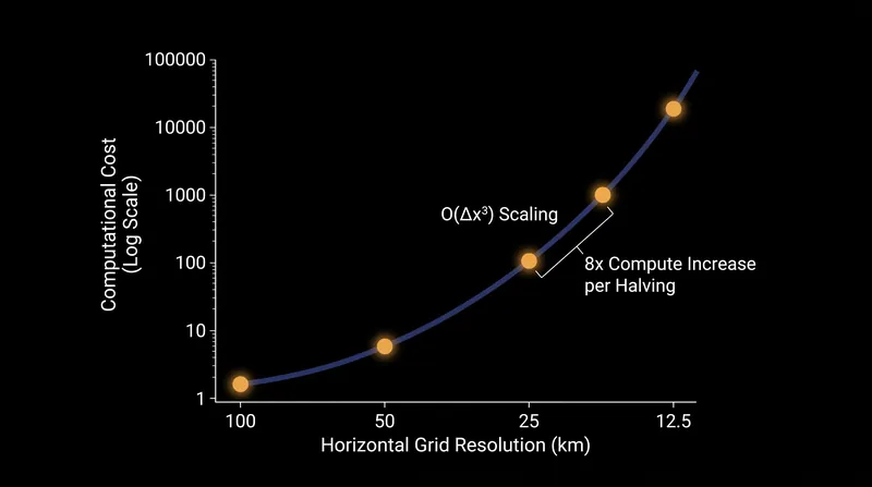 Halving the grid resolution requires an eightfold increase in computational power due to geometric expansion and shorter time steps.