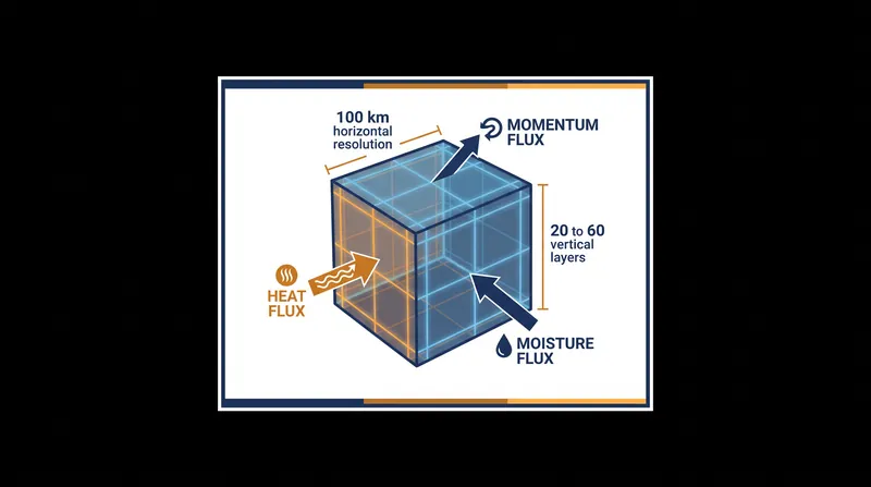 Inside a single grid cell, supercomputers calculate the conservation of mass, energy, and momentum at discrete time steps.
