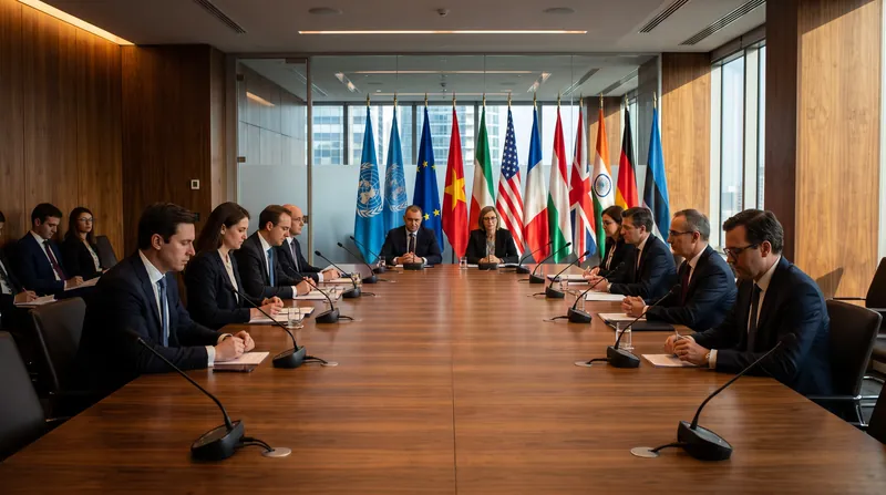 An empty international arbitration hearing room with a long wooden desk, microphones, and multiple national flags.
