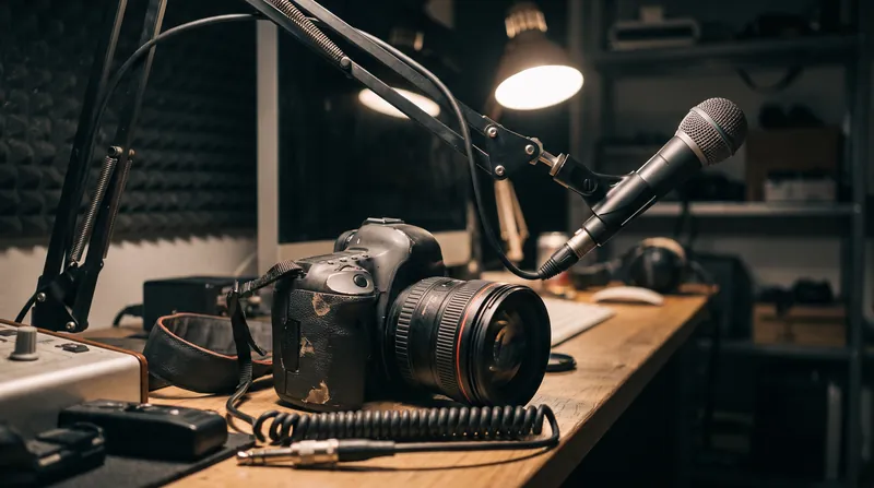 A professional camera and a broadcast microphone resting on a studio desk.