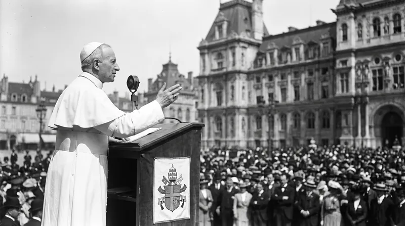 Pope Leo XIV stands at an outdoor podium in white vestments, speaking to a large crowd.