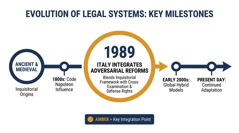 Modern legal systems increasingly blend elements of both traditions, such as Italy's 1989 procedural reforms.