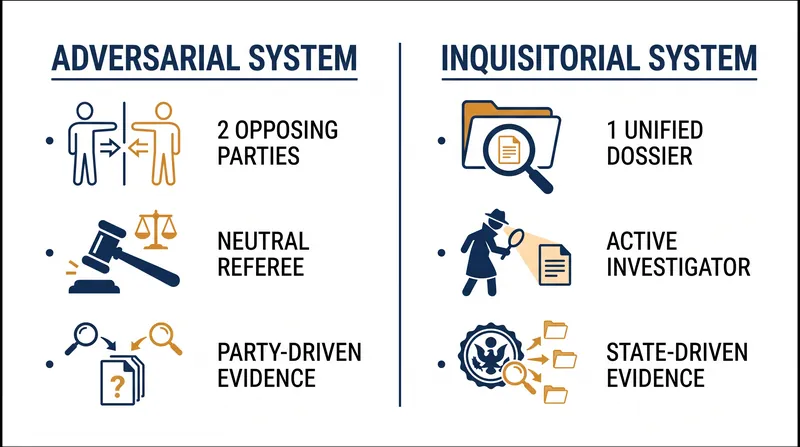 The core structural differences in how evidence is gathered and presented.