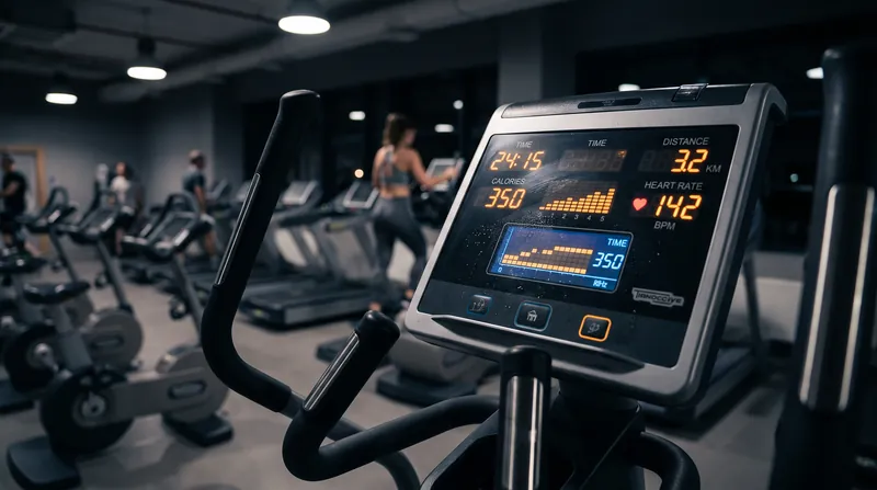 A close-up view of a digital gym console displaying glowing numbers in a dark fitness center.
