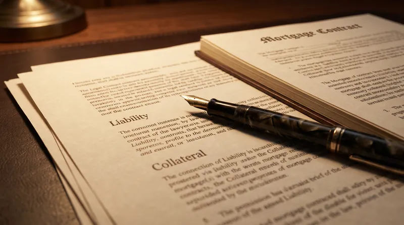 A close-up view of a person's hand using a fountain pen to sign a thick legal mortgage contract.