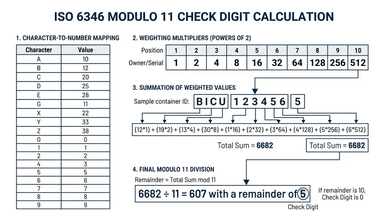 The Modulo 11 algorithm applies exponential weighting to each character to catch transcription errors.