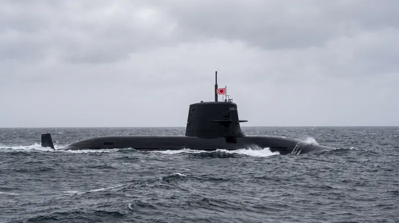 A black Japan Maritime Self-Defense Force submarine navigating on the surface of the ocean under an overcast sky.